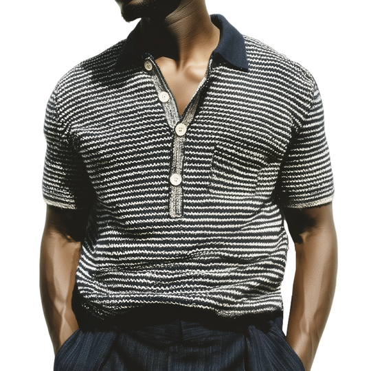 Men's Summer Classic Black And White Striped Polo Neck Knitted T-Shirt DTT25071011