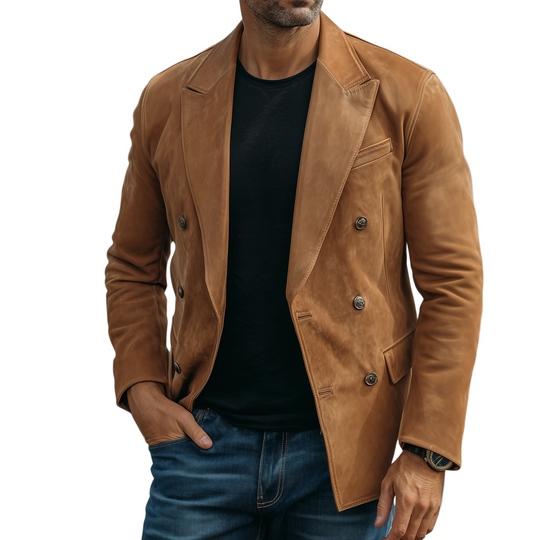 Men's Classic Retro Solid Color Suede Double-breasted Slim-fit Blazer DTT25080719