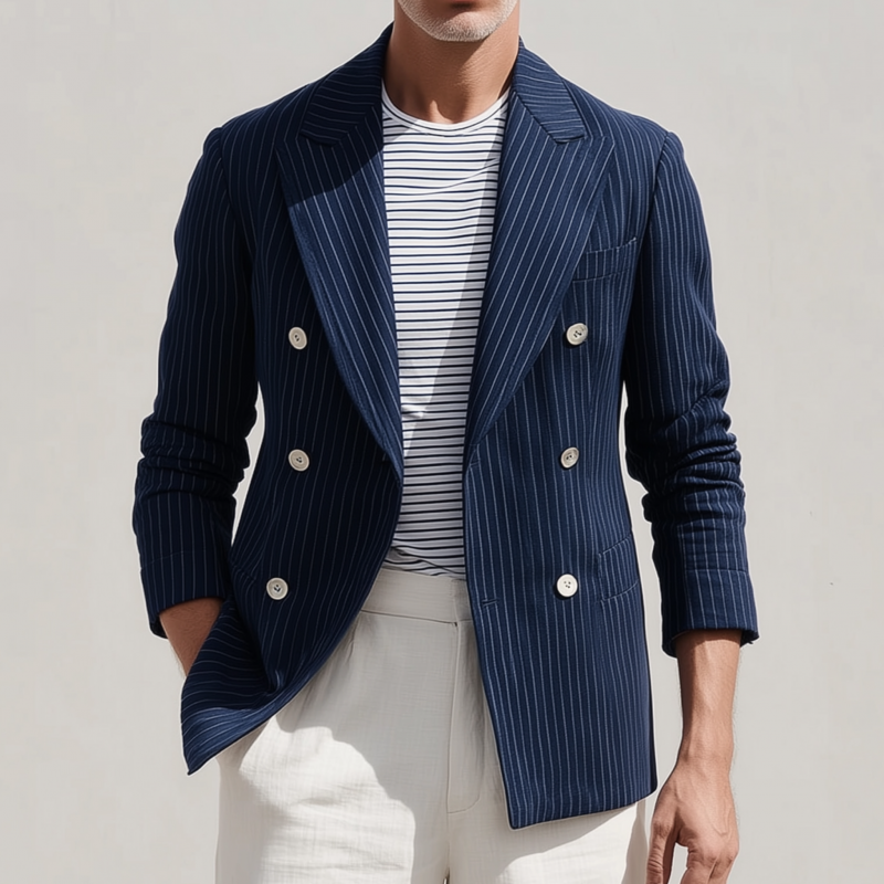 Men's Stylish Cotton Blend Striped Notch Lapel Double-breasted Slim-fit Blazer DTT25081420