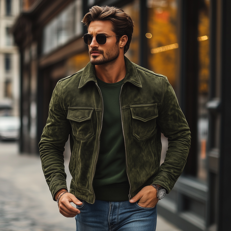 Men's Vintage Solid Suede Lapel Zipper Placket Flap Chest Pocket Slim Fit Jacket DTT25081208