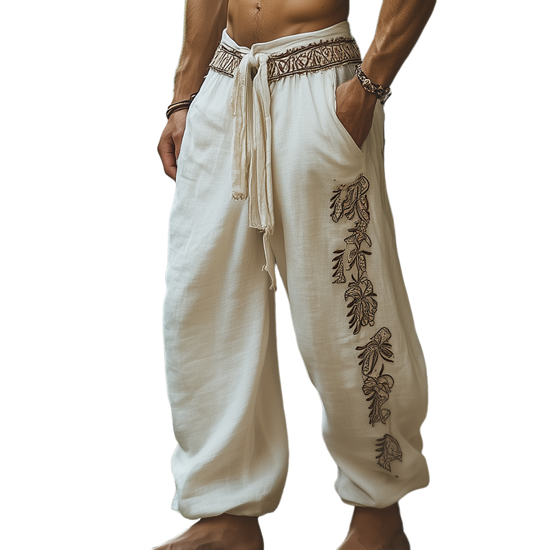Men's Retro Casual Bohemian Embroidered Linen Trousers 9911546052792