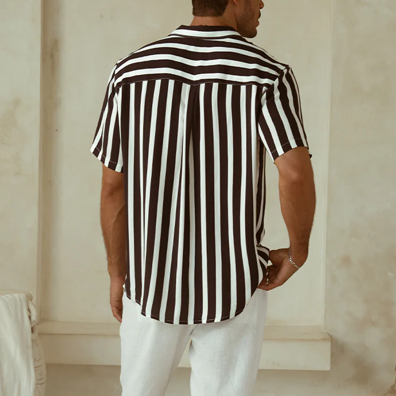 Men's Classic Casual Contrast Color Vertical Striped Cotton Blend Short Sleeve Shirt DTT25071703