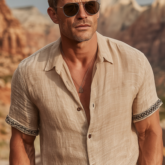 Men's Classic Casual Cotton And Linen Cuffs Decorative Ribbon Short-sleeved Shirt DTT25071705