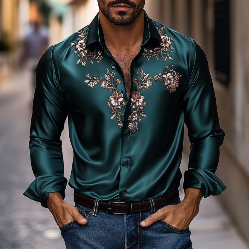 Men's Vintage Flower Embroidery Elegant Solid Satin Lapel Slim Fit Long Sleeve Shirt DTT25072422