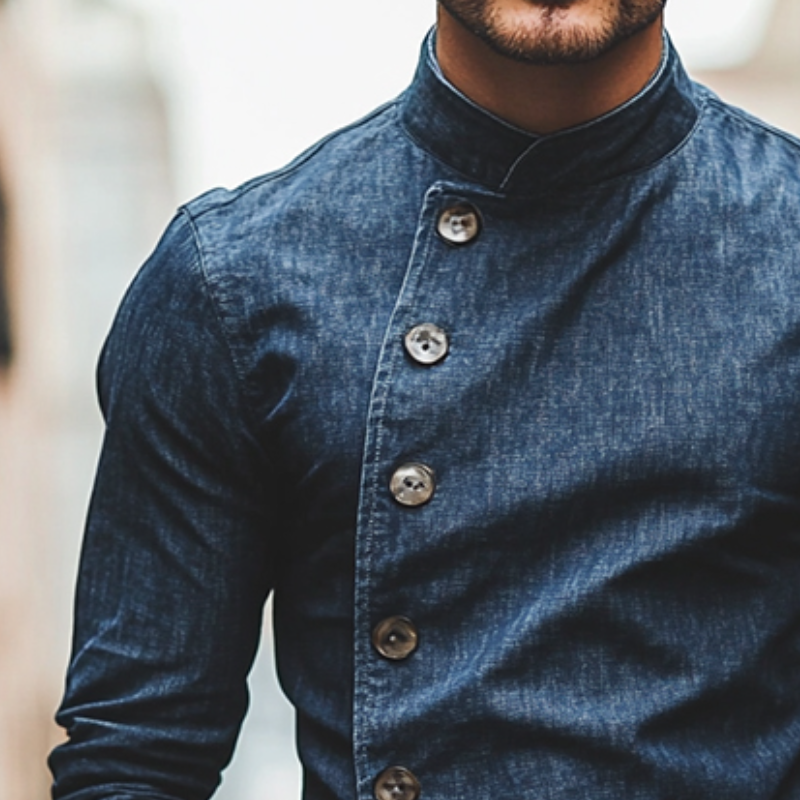 Men's Retro Casual Denim Stand Collar Slim Fit Long Sleeve Shirt 9903251554488