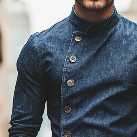 Men's Retro Casual Denim Stand Collar Slim Fit Long Sleeve Shirt 9903251554488