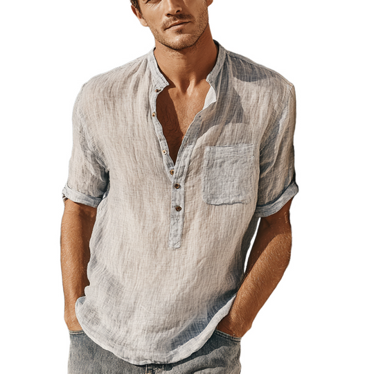 Men's Cotton And Linen Stand Collar Short-Sleeved Shirt DTT25071404