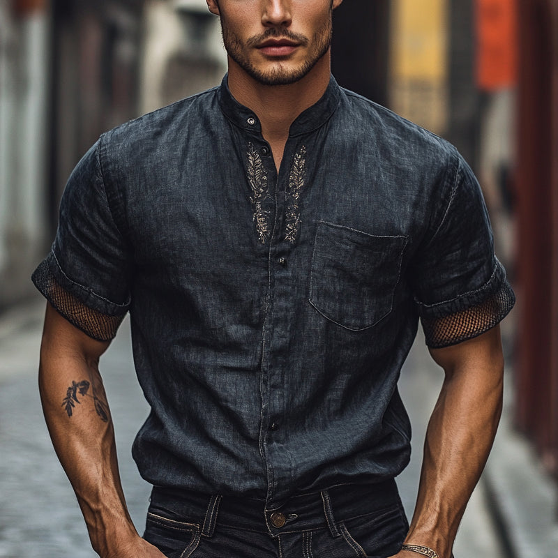 Men's Solid Color Embroidered Stand Collar Short Sleeve Shirt DTT25053020