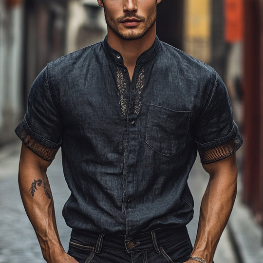 Men's Solid Color Embroidered Stand Collar Short Sleeve Shirt DTT25053020