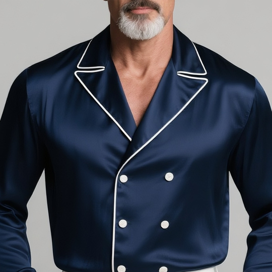 Men's White Trim Lapel Double Breasted Long Sleeve Satin Shirt DTT25072910
