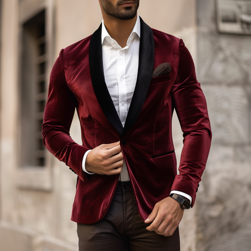 Men's Vintage Solid Color Velvet Colorblock Patchwork Shawl Collar Single-breasted Slim-fit Blazer DTT25081816