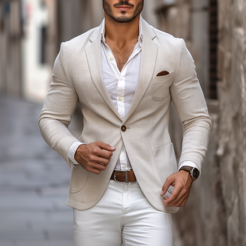Men's Casual Solid Color Cotton Linen Blend Notch Lapel Single-breasted Slim-fit Blazer DTT25080612