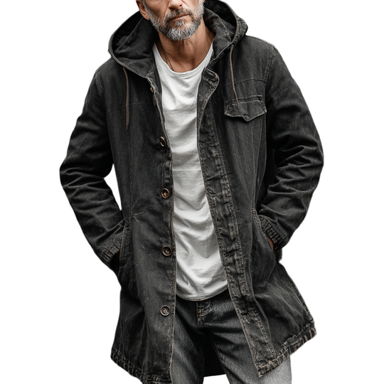 Men's Washed Cotton Hooded Single Breasted Mid Length Coat DTT25082034