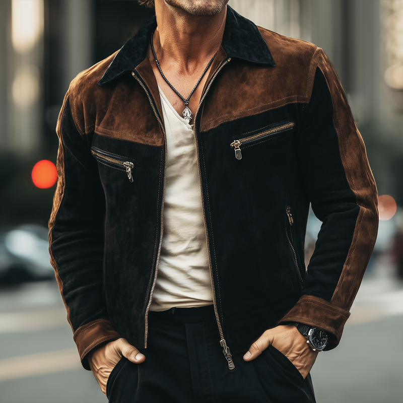 Men's Classic Vintage Colorblock Suede Zip-Up Jacket DTT25090324