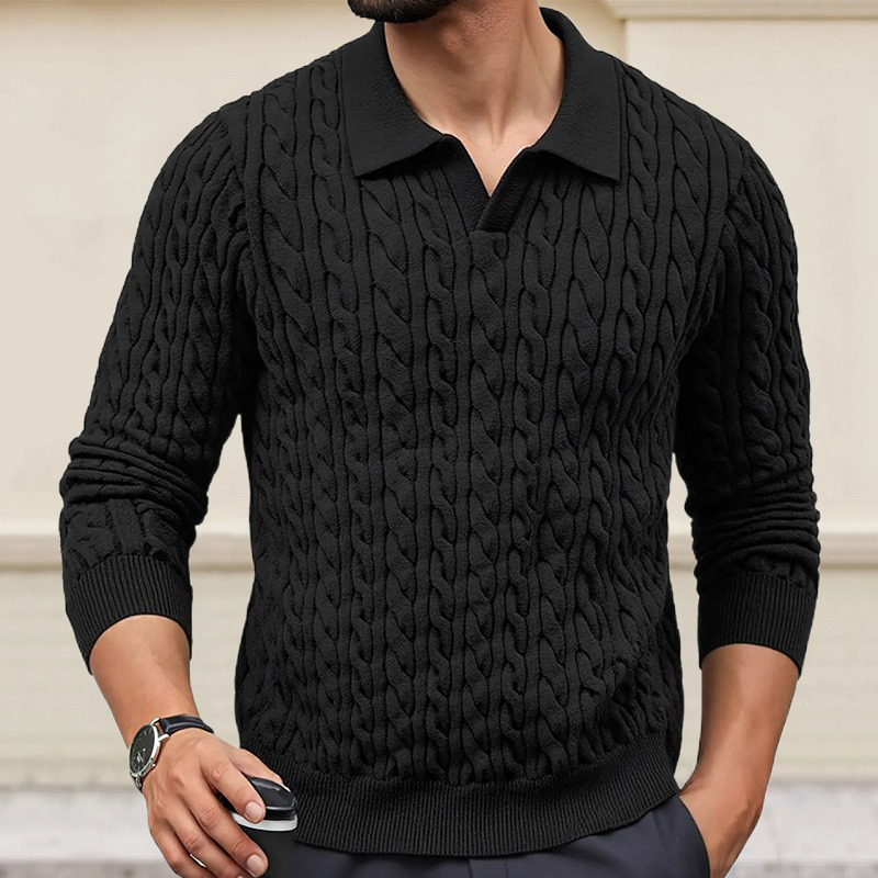 Men's Solid Color Slim-Fit Cable Textured POLO Neck Sweater DTT25081803