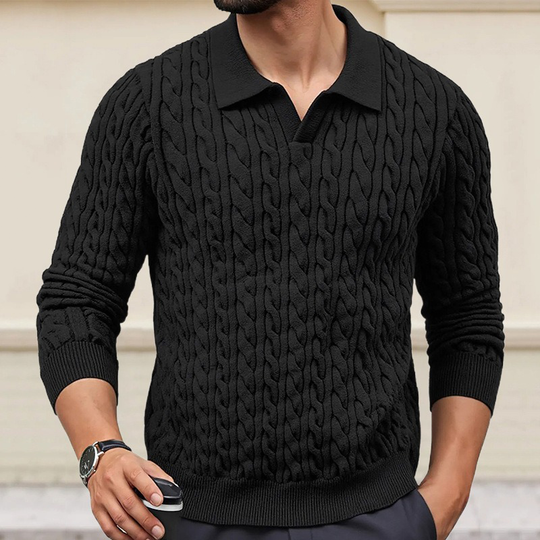 Men's Solid Color Slim-Fit Cable Textured POLO Neck Sweater DTT25081803
