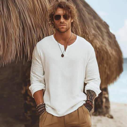 Men's Casual Solid Color Breathable Cotton Bubble Wrinkled V-neck Loose Long-sleeved T-shirt DTT25070210