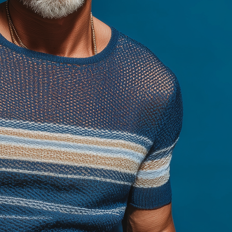 Men's Summer Retro Striped Knitted Hollow Short Sleeve T-Shirt DTT25072118