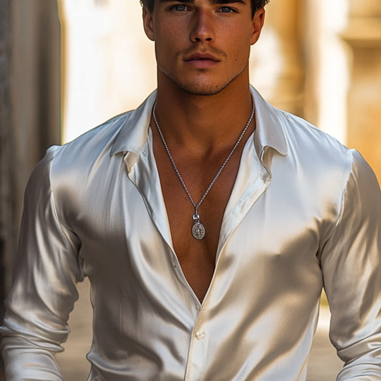 Men's Fashion Solid Satin Lapel Long Sleeve Shirt DTT25061813