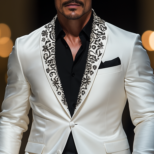 Men's Classic Retro Shawl Collar Embroidery Event Party Satin Slim Fit Single Breasted Blazer DTT25061020