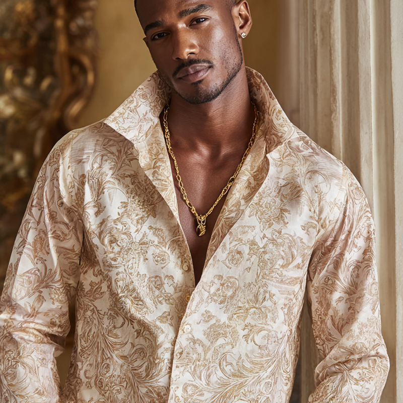 Men's Vintage Print Satin Lapel Long Sleeve Shirt DTT25081403