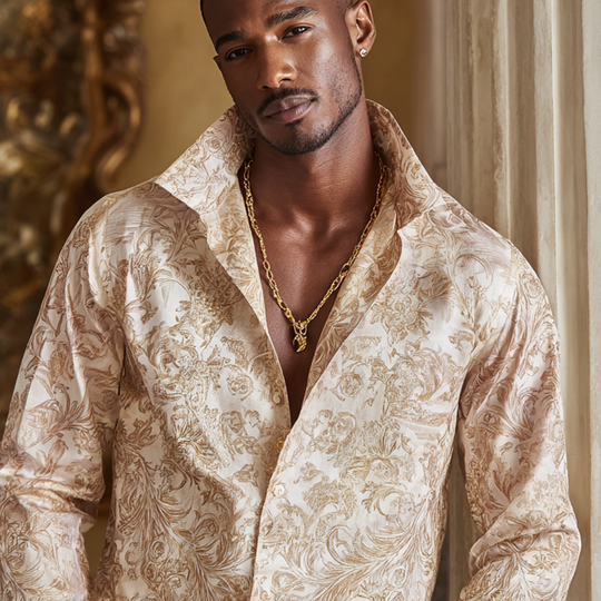 Men's Vintage Print Satin Lapel Long Sleeve Shirt DTT25081403
