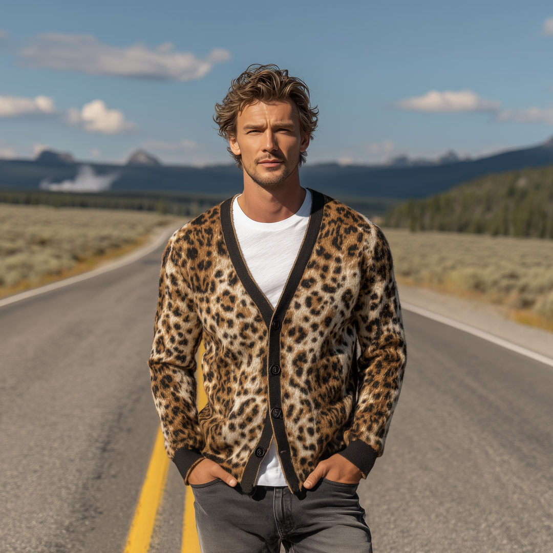 Men's Classic Vintage Leopard Mohair Knitted Slim Fit Cardigan DTT25081416