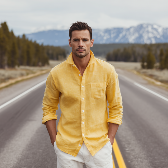 Men's Classic Casual Lapel Cotton And Linen Blend Slim Fit Long Sleeve Shirt DTT25080605
