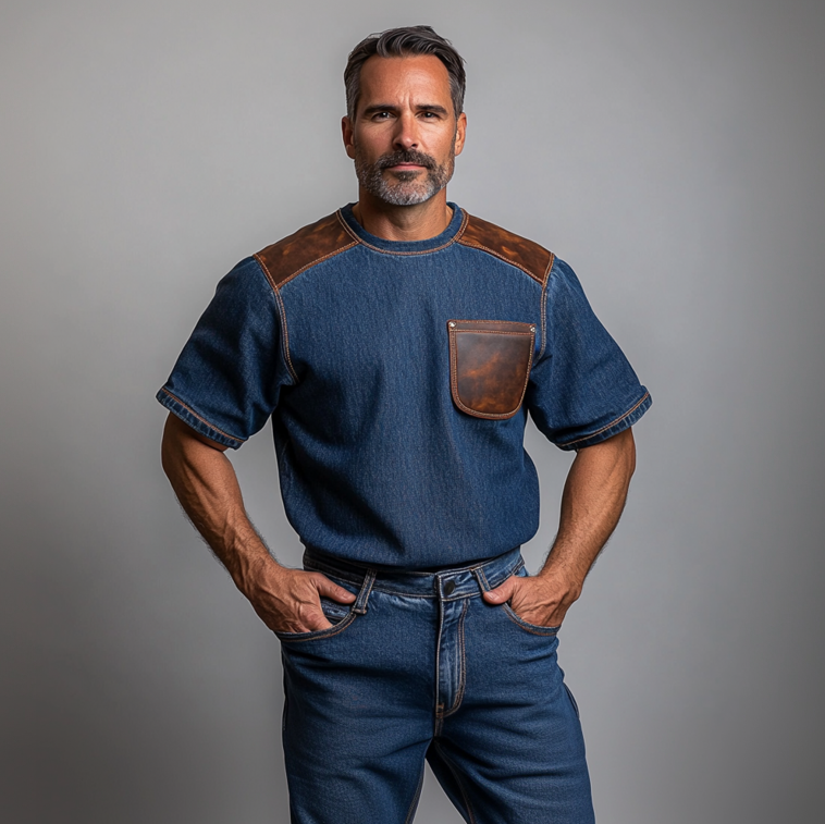 Men's Denim PU Leather Patchwork Chest Pocket Short Sleeve T-Shirt 9906596774072