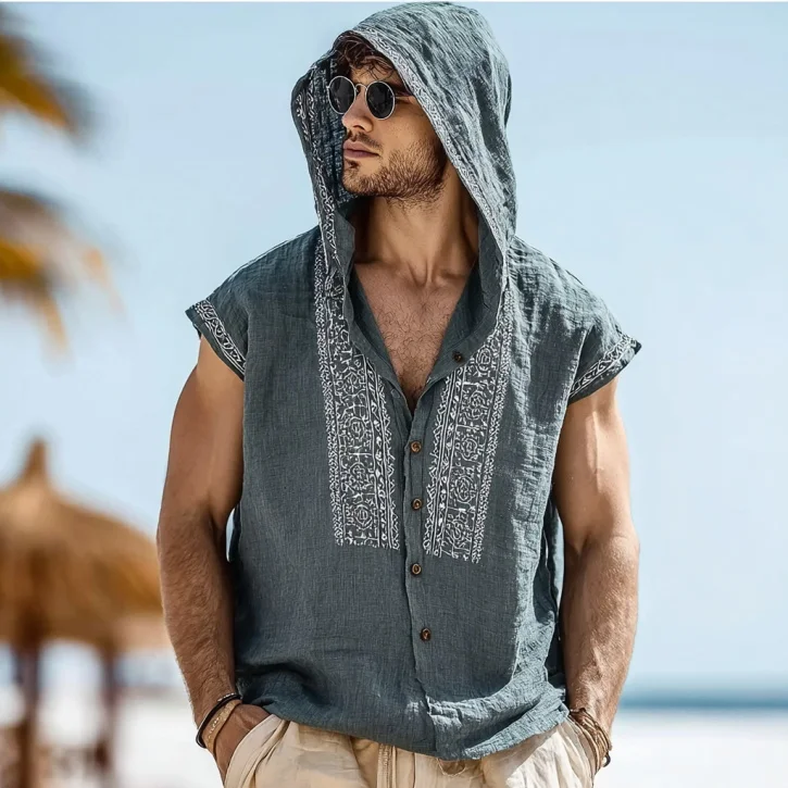 Men's Embroidered Single Breasted Hooded Sleeveless Shirt DTT25071514
