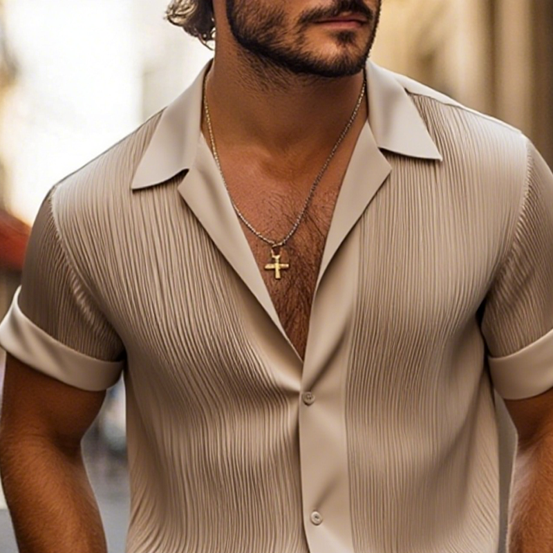 Men's Solid Satin Pleated Lapel Short Sleeve Shirt DTT25070408