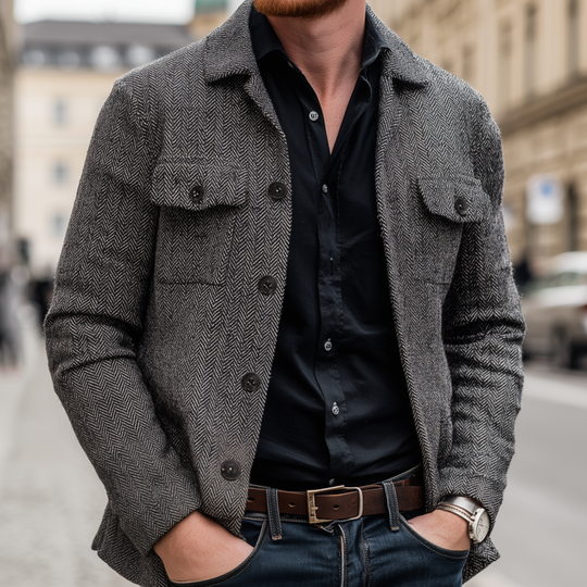 Men's Vintage Wool Blend Herringbone Lapel Flap Chest Pocket Loose Long Sleeve Shirt Jacket DTT25082201