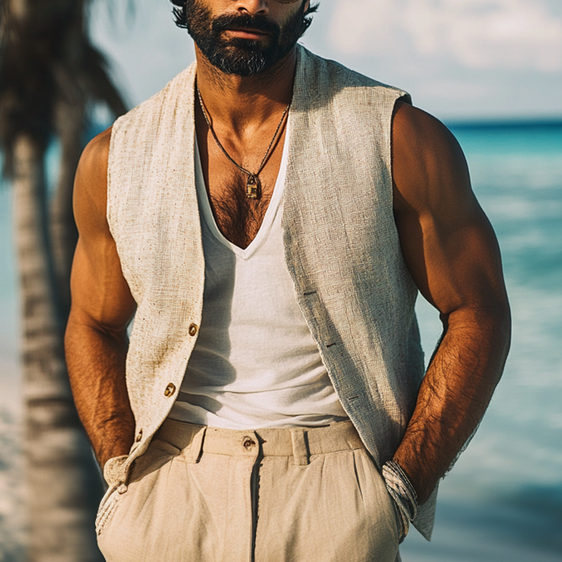 Men's Cotton And Linen Solid Color V-Neck Vest DTT25072406