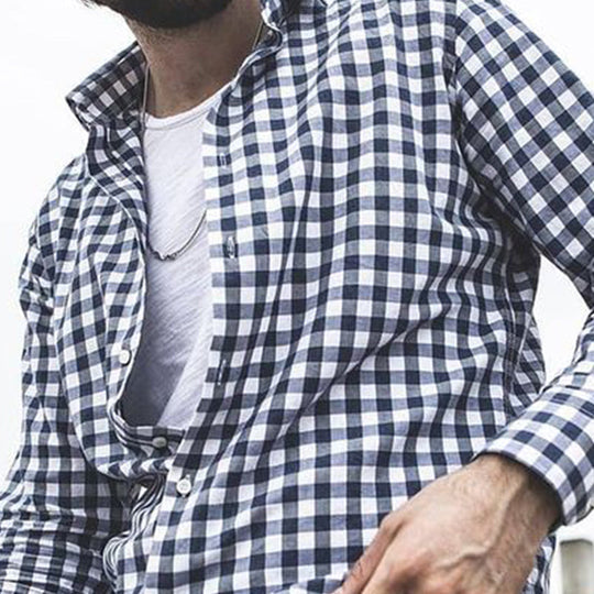 Men's Casual Loose Black and White Plaid Long-sleeved Shirt 9892392435896