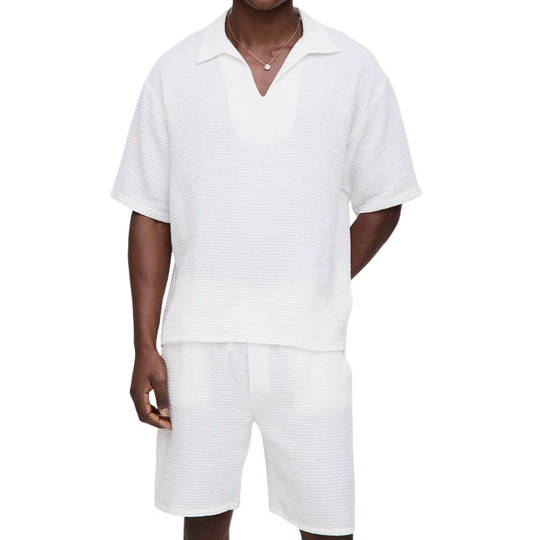 Men's Solid Loose Waffle Lapel Short Sleeve Tops Elastic Waist Shorts Casual Set 9922014740664