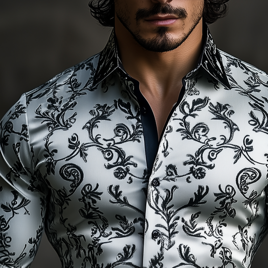 Men's Vintage Jacquard Embroidered Satin Lapel Long Sleeve Shirt 9893974081720