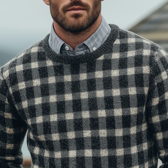 Men's Fashion Checked Round Neck Long Sleeve Knit Sweater 9890060632248