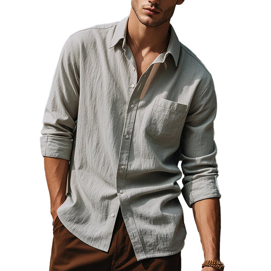 Men's Cotton Solid Color Lapel Long Sleeve Shirt 9902009516216
