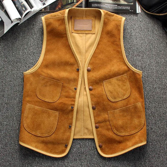 Men's Vintage Suede Snap Button Multi-Pocket V-Neck Vest 9891528179896