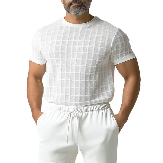 Men's Casual Crew Neck Short Sleeve Grid Textured T-Shirt 9953098170552
