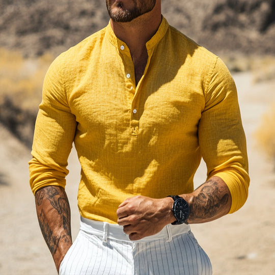 Men's Retro Casual Solid Color Linen Stand Collar Long Sleeve Shirt 9911546577080