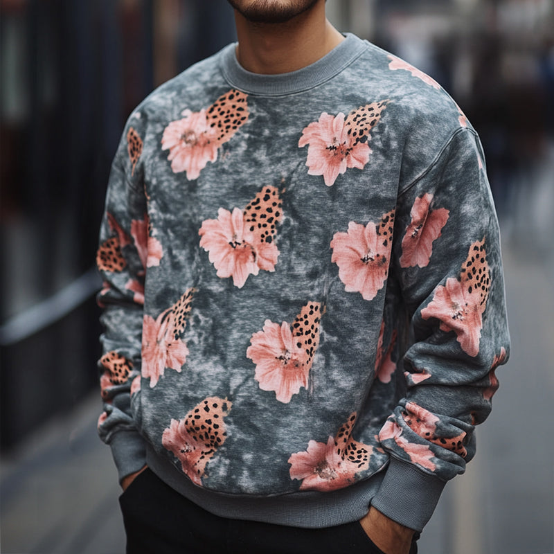 Men's Retro Casual Floral Leopard Print Crew Neck Sweatshirt 9893975457976