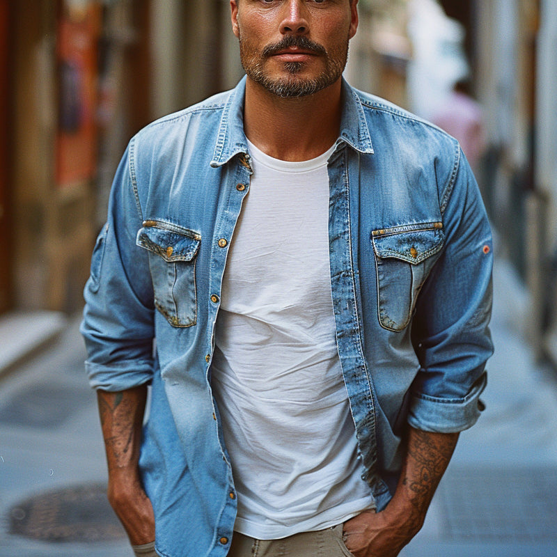 Men's Casual Lapel Denim Long Sleeve Shirt 9894194872504