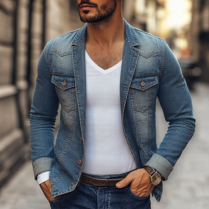 Men's Distressed Notch Lapel Single Breasted Denim Blazer 9902010826936