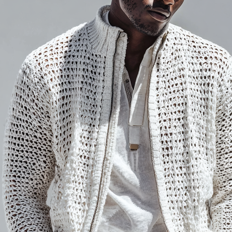 Men's Fashion Openwork Knit Stand Collar Zipper Jacket Cardigan DTT25082816
