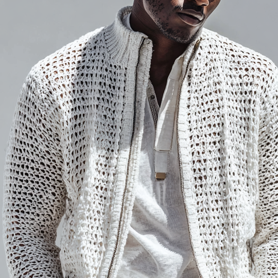 Men's Fashion Openwork Knit Stand Collar Zipper Jacket Cardigan DTT25082816