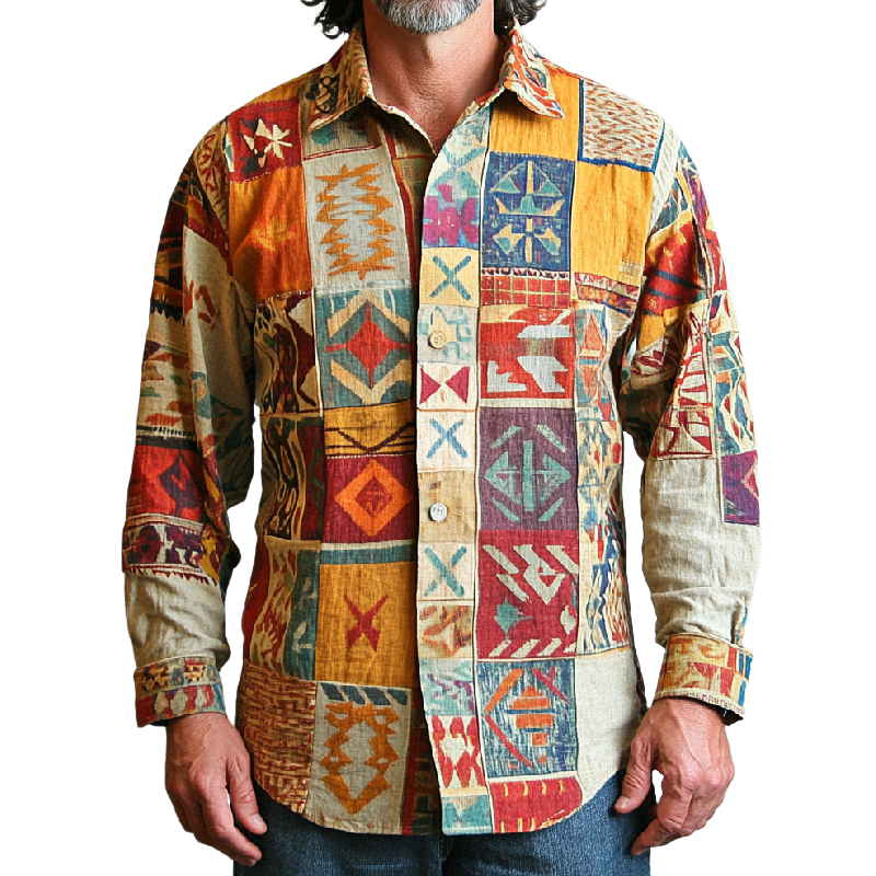Men's Retro Colorblock Lapel Printed Cotton and Linen Long Sleeve Shirt 9904629743800