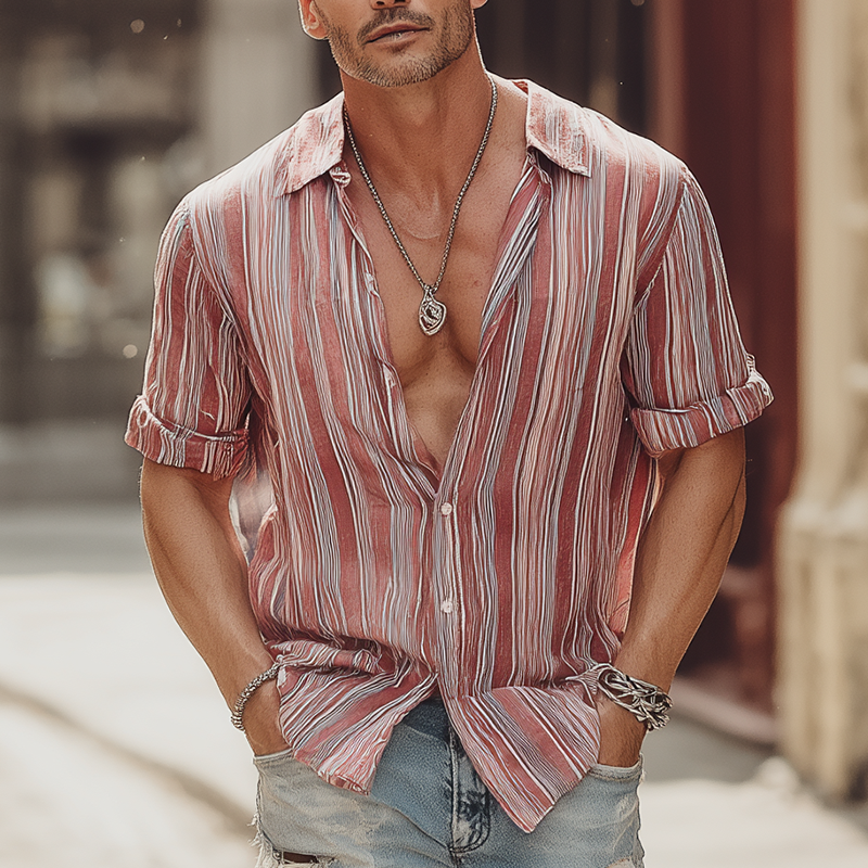 Men's Summer Cotton Blend Fashion Stripe Print Short Sleeve Shirt DTT25071716