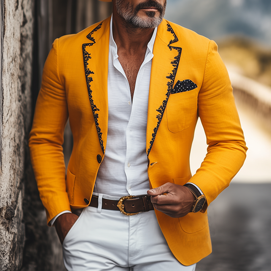 Men's  Spring and Summer Thin Fashion Casual American Retro Western Tough Style Cotton And Linen Embroidery Slim Fit Single-breasted Blazer  DTT25061714