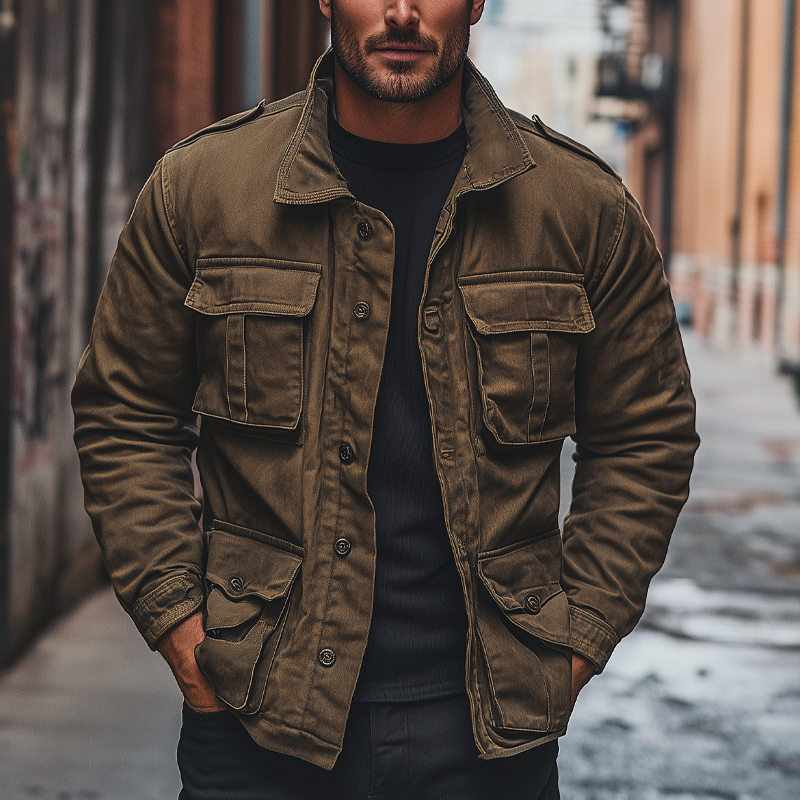 Men's Vintage Washed Canvas Multi-Pocket Loose Jacket DTT25082219
